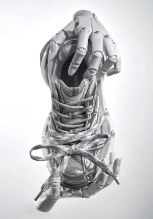 Silver futuristic chunky streetwear sneakers held by metallic robotic hands showing camo patterned laces and thick rubber outsole