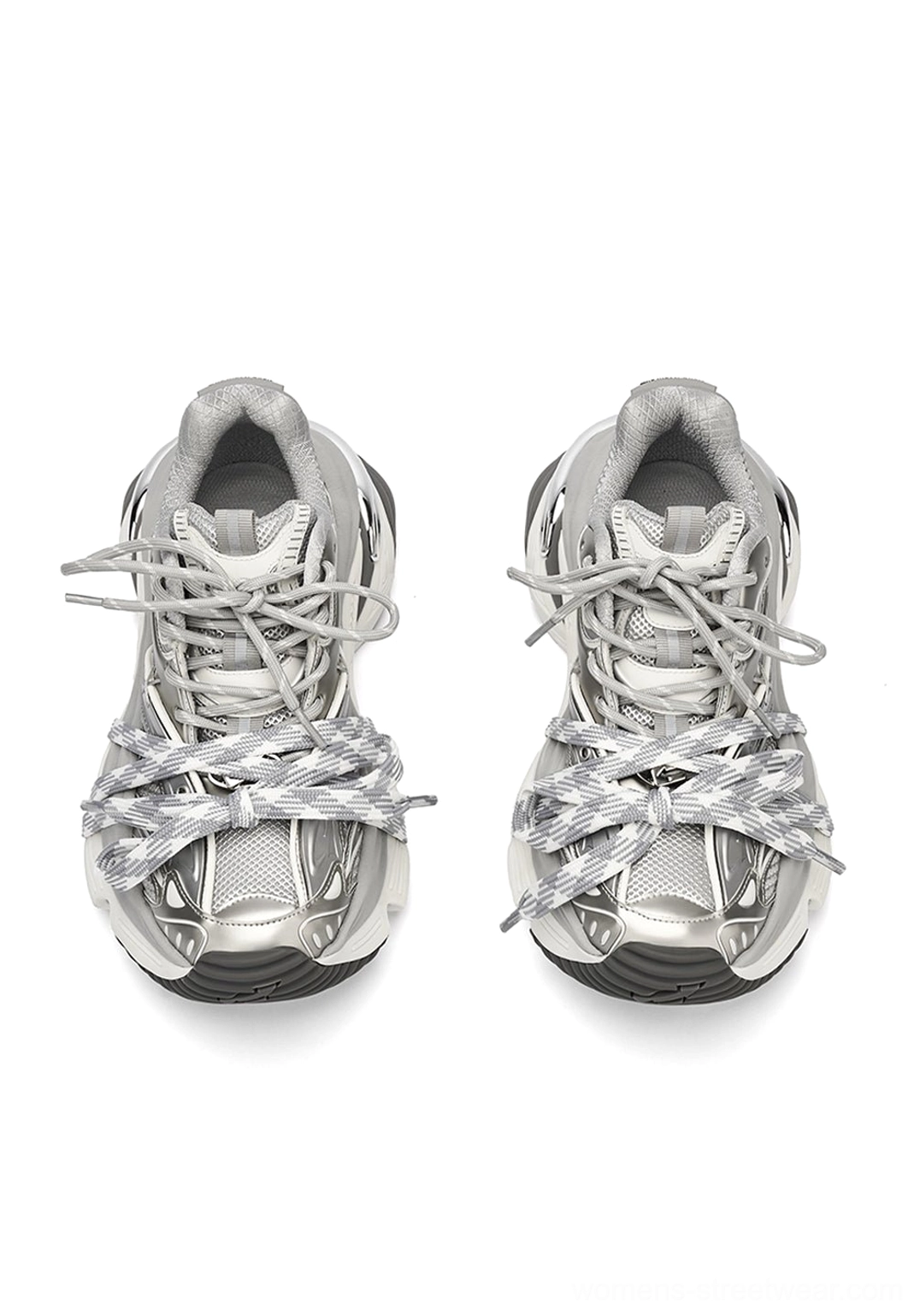 Silver futuristic streetwear sneakers product photo featuring a bold platform sole and contemporary Y2K inspired styling