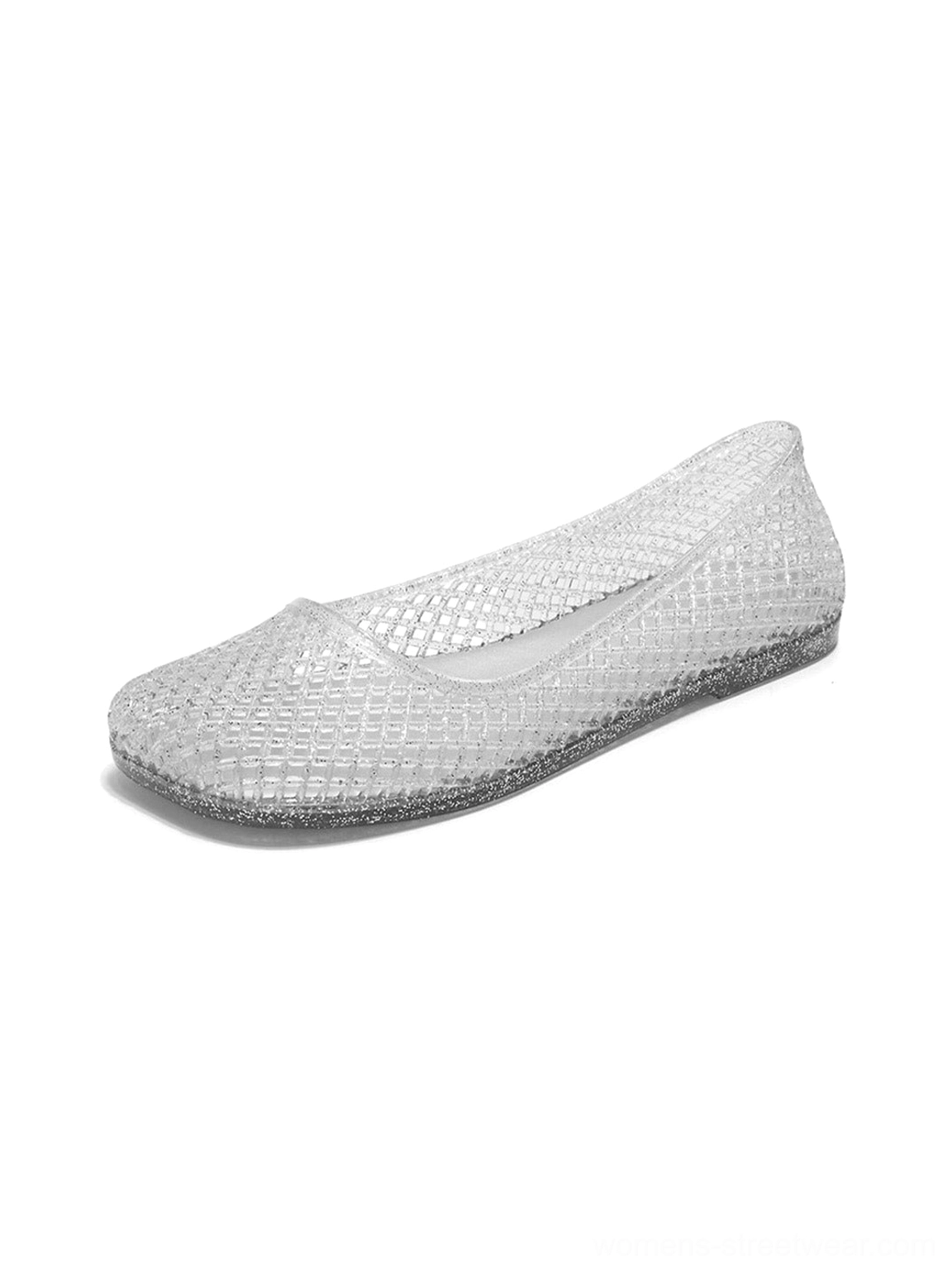 Silver glitter mesh jelly ballet flats with flexible jelly construction and modern Y2K styling