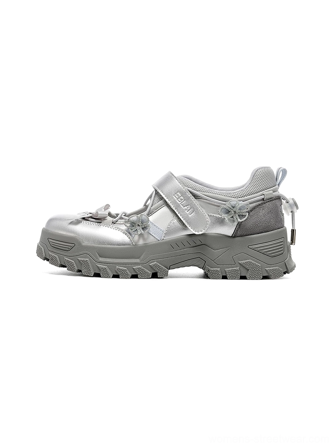 Silver gray Mary Jane platform sneakers with dark gray heel panel Velcro strap bow details and metallic streetwear finish