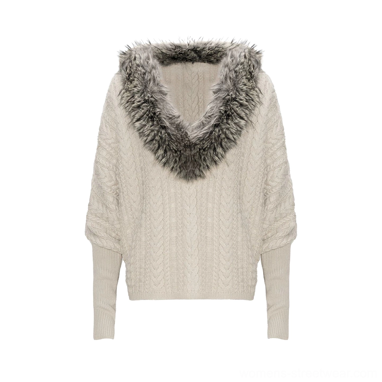 Flat lay of a silver gray oversized cable knit sweater with deep faux fur V-neck collar and long ribbed sleeves