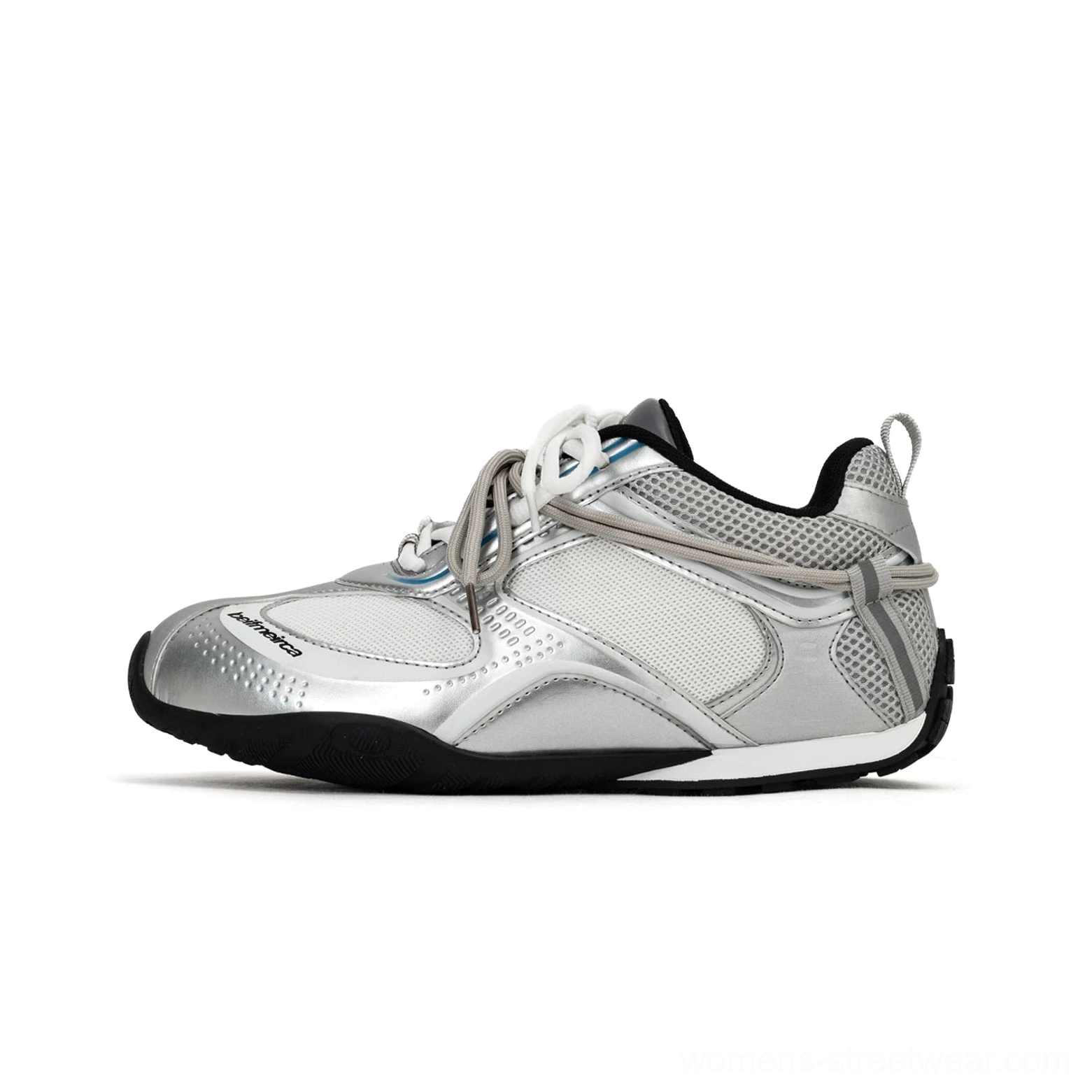 Silver-gray retro low-top sneakers with mixed mesh and synthetic leather upper, metallic side panels, heel pull tab, and printed toe detail