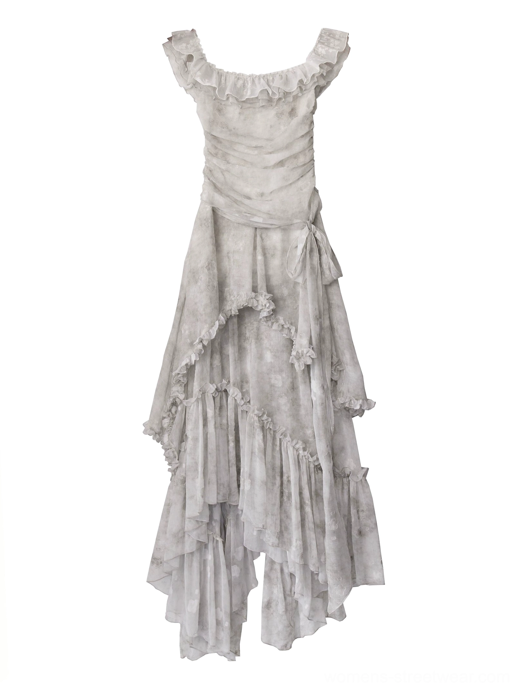 Silver gray tie-dye off-shoulder maxi dress product image highlighting layered ruffles, open-back silhouette, and fairy-inspired streetwear style