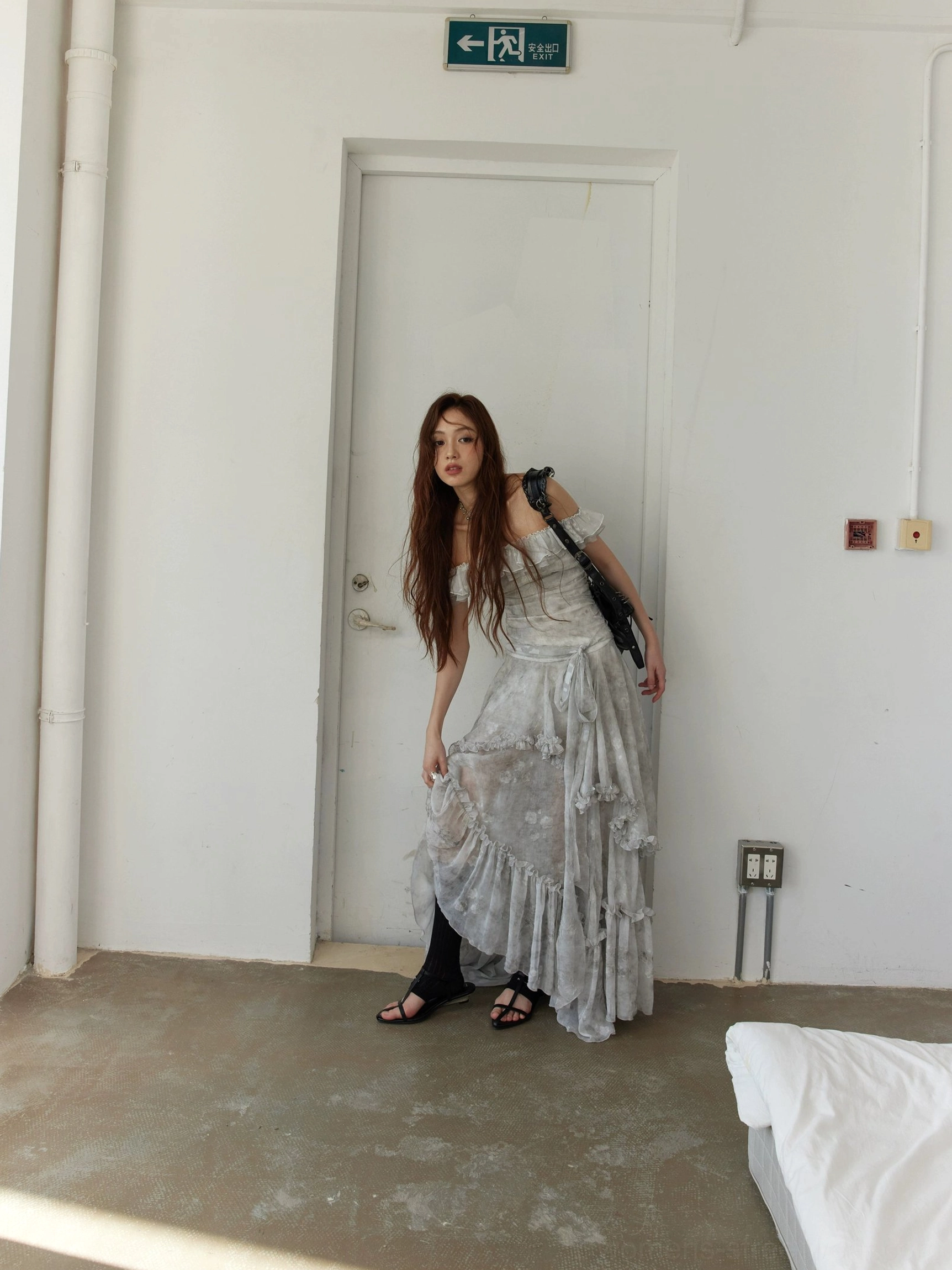 Silver gray tie-dye off-shoulder ruffled maxi dress product image with sheer layered skirt and romantic fairycore styling
