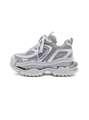 Silver mesh sculpted sole chunky runner sneakers in gray shown in a left side three-quarter studio view with layered metallic overlays