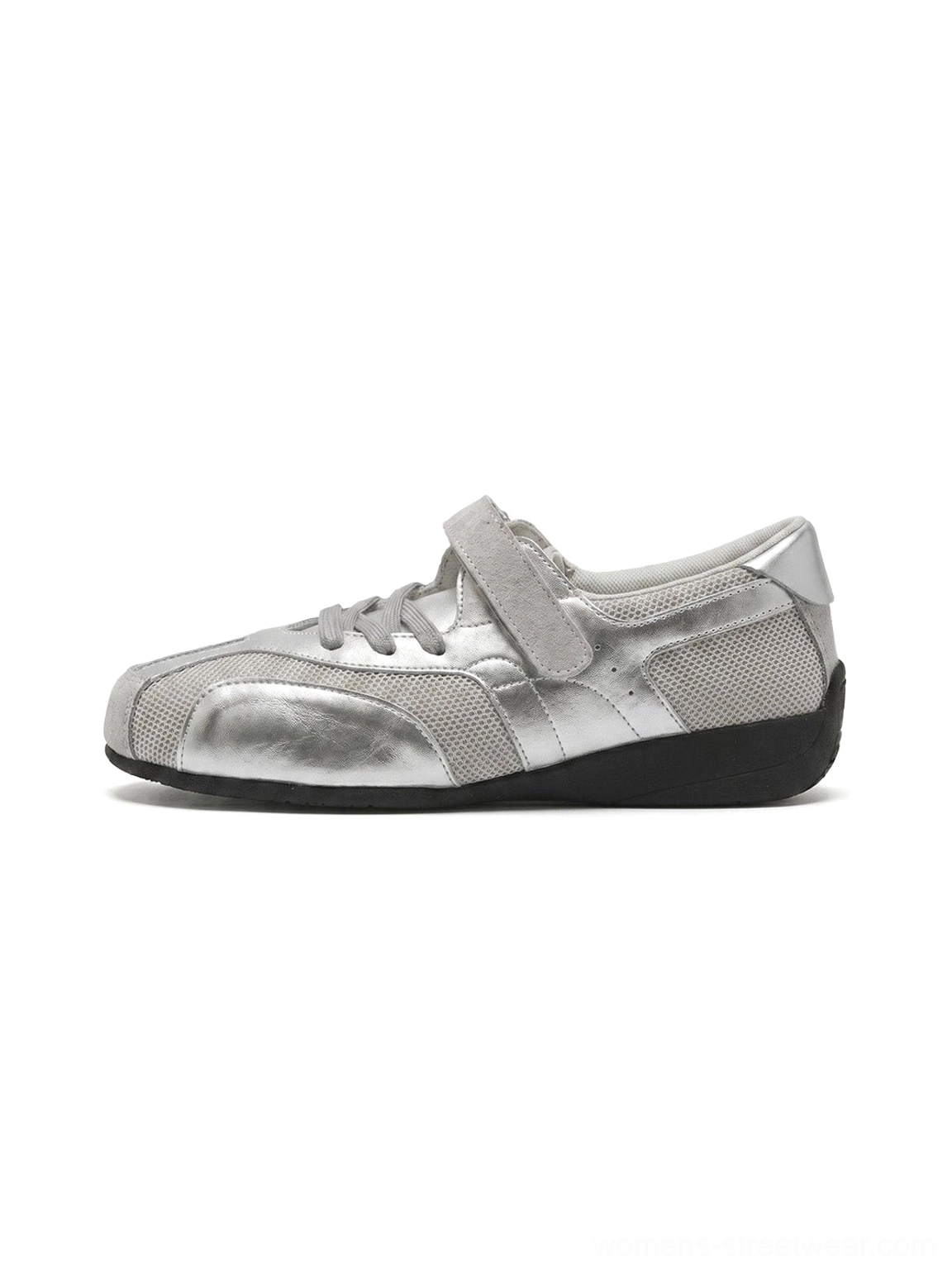 Silver mesh Velcro strap sneakers shown from the left side with metallic upper, lace-up front, adjustable straps, and black rubber outsole