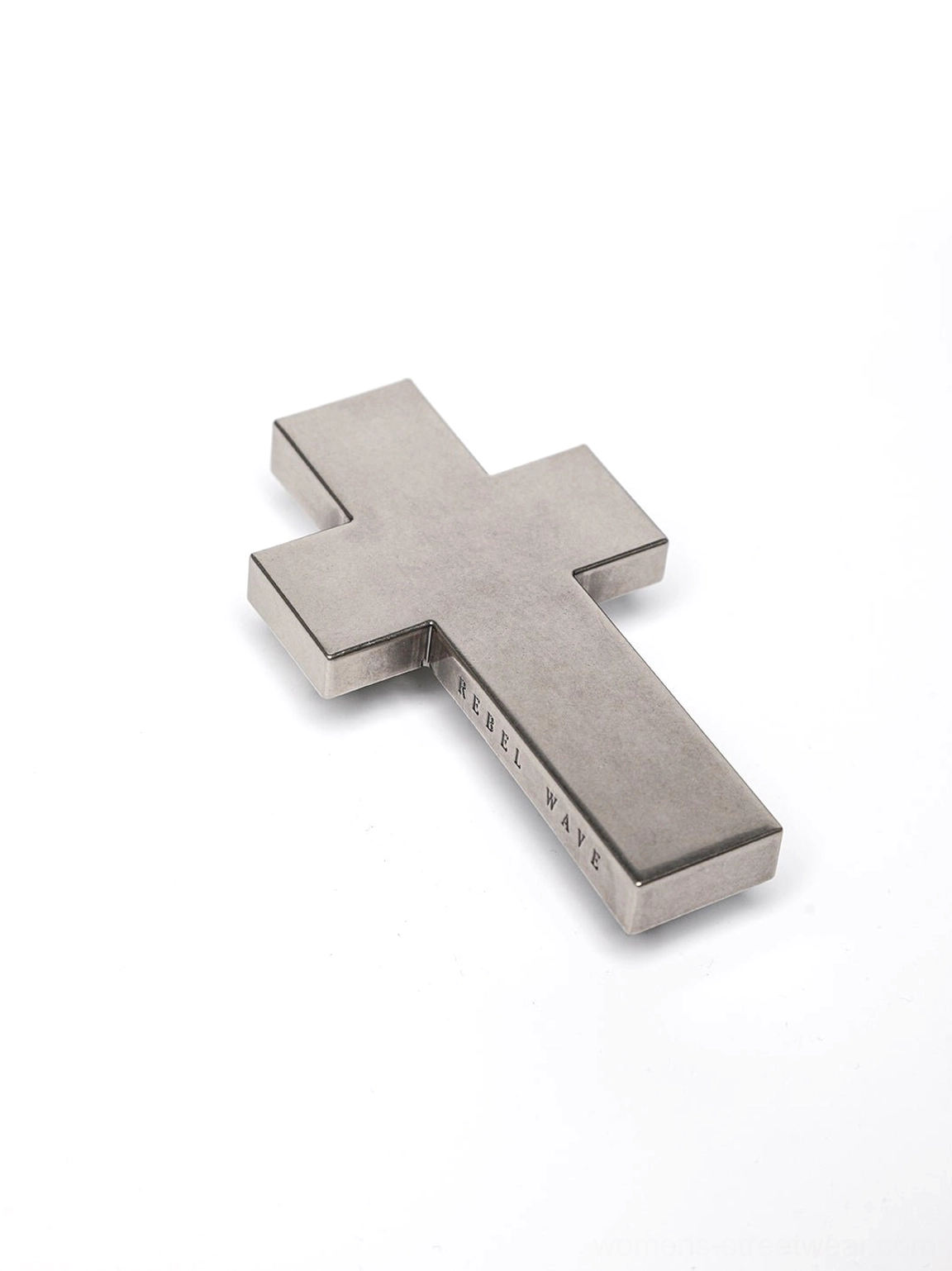 Polished silver-tone metal cross ornament detail for black cracked leather streetwear tote bag