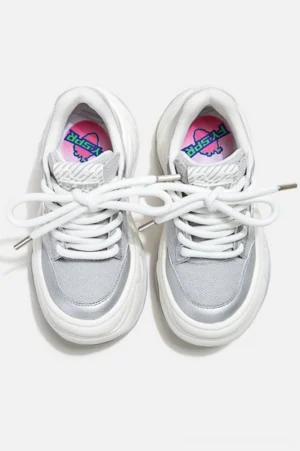 Top view of silver metallic mesh chunky platform sneakers with wide laces and pink insoles