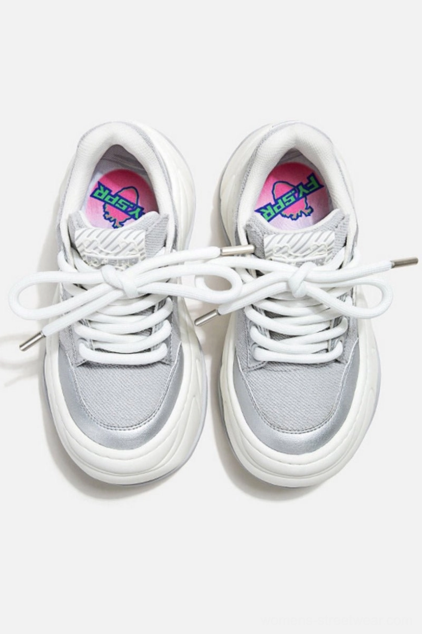 Top view of silver metallic mesh chunky platform sneakers with wide laces and pink insoles