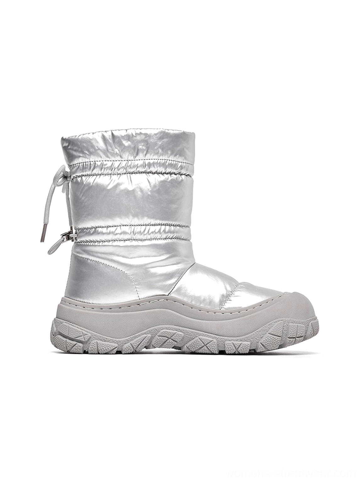 Silver metallic puffer snow boots product image for viewing the padded winter silhouette and drawstring collar design
