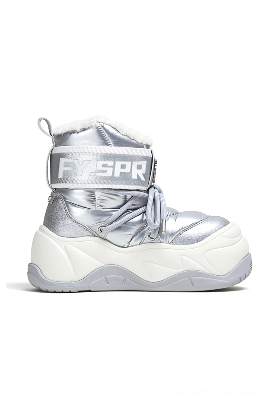 Silver platform moon boots with plush faux fur collar and sculpted chunky rubber outsole for Y2K winter style