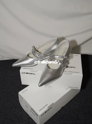 Silver pointed toe wedge pumps displayed on shoe boxes showing dual buckle straps and a streamlined Mary Jane inspired silhouette