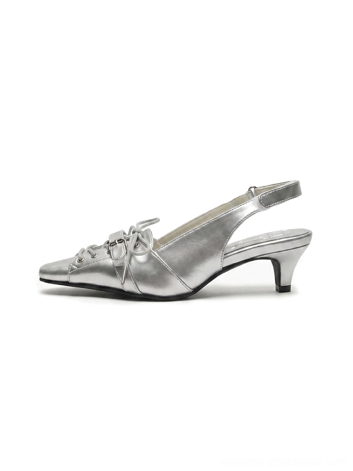 Silver pointed-toe kitten heel slingback shoe with bow vamp detail and delicate ankle strap, side product view