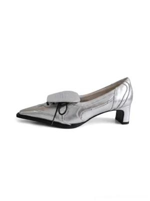 Metallic silver pointed-toe leather-look low block heel pumps with removable lace flap and drawstring detail