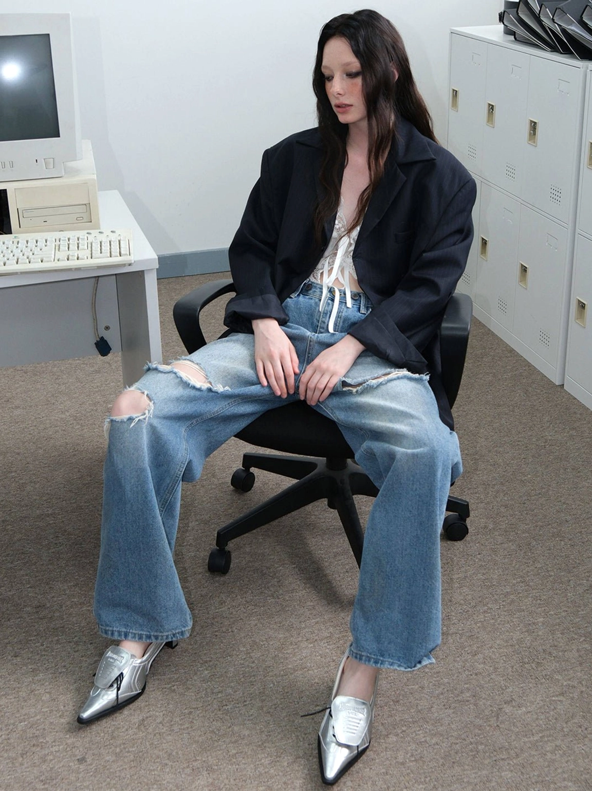 Silver leather-look pointed-toe low block heel pumps styled with ripped jeans dark blazer and lace top