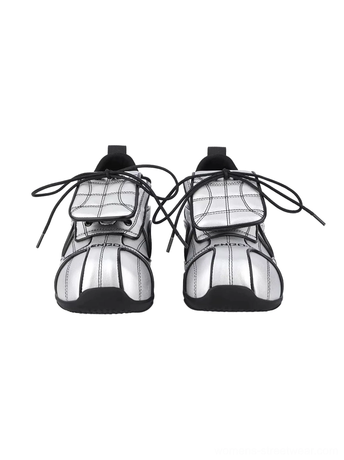 Direct front view of silver quilted foldover-tongue streetwear sneakers with neatly arranged black laces and matte black soles