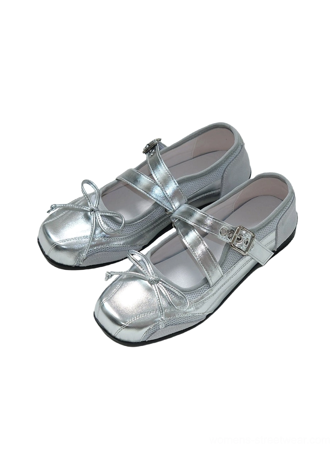 Silver and red metallic bow Mary Jane flats with feminine retro styling and modern streetwear appeal