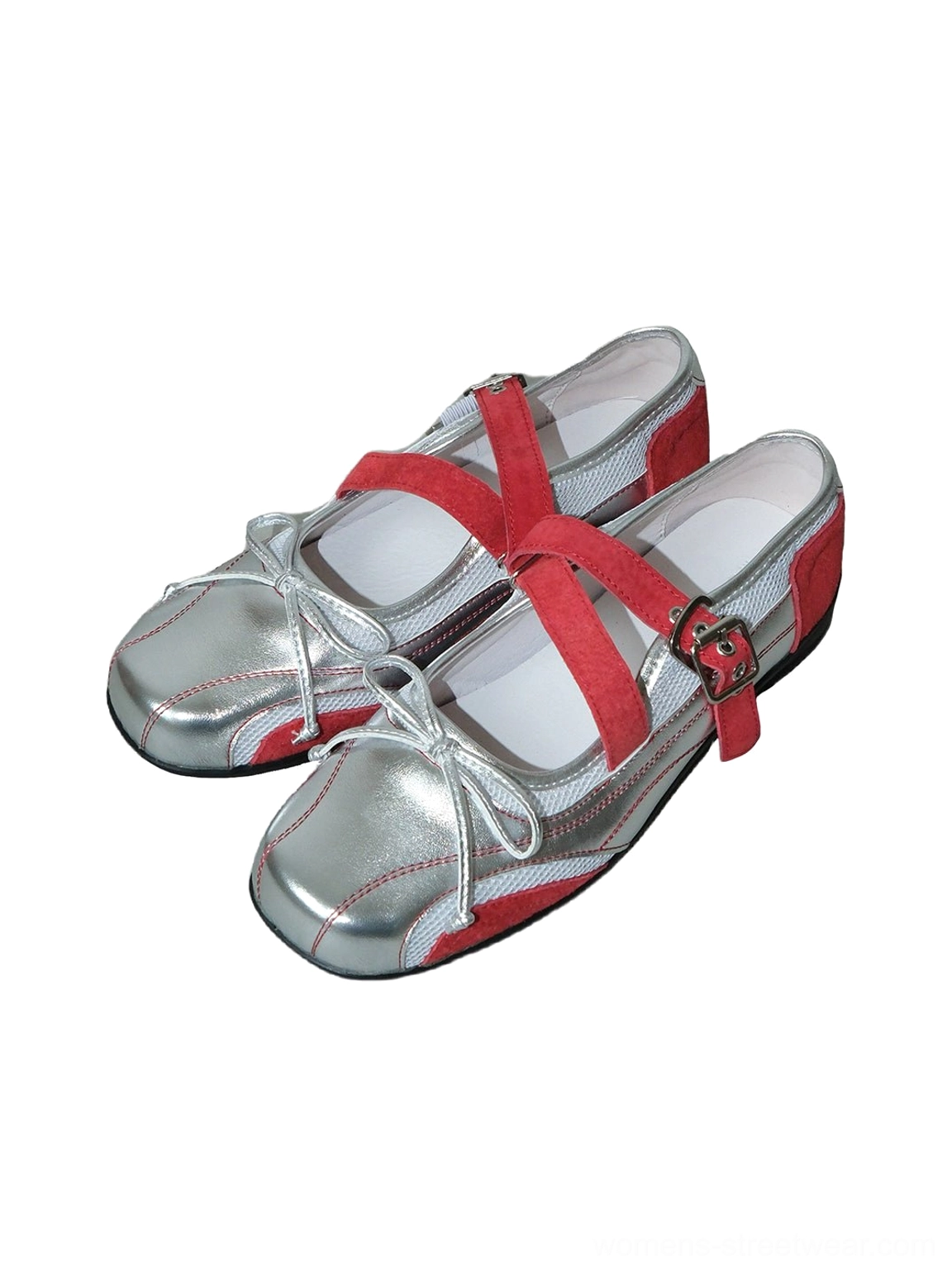 Two-tone silver and red Mary Jane bow flats with red cross strap, contrast stitching, and metallic upper