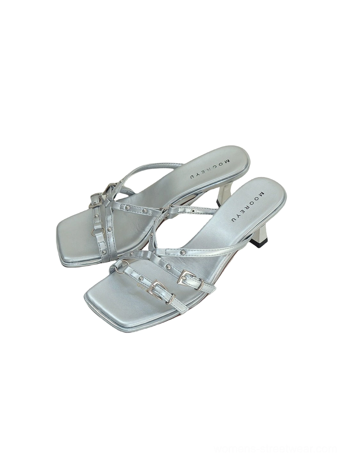 Silver square-toe heeled sandals with double buckle straps and low block heel product view