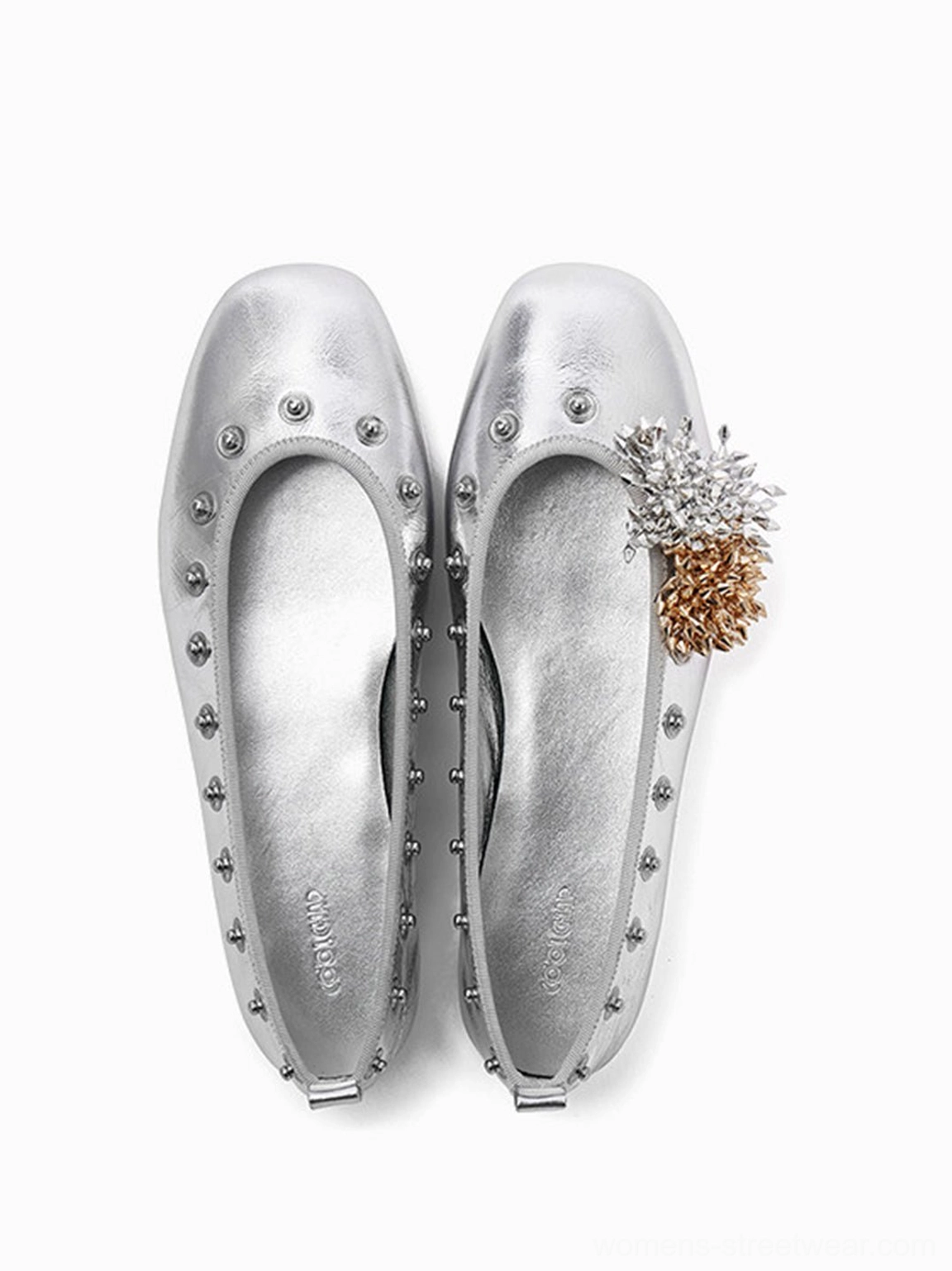 Silver square-toe flats with studded trim and crystal metal floral toe ornament