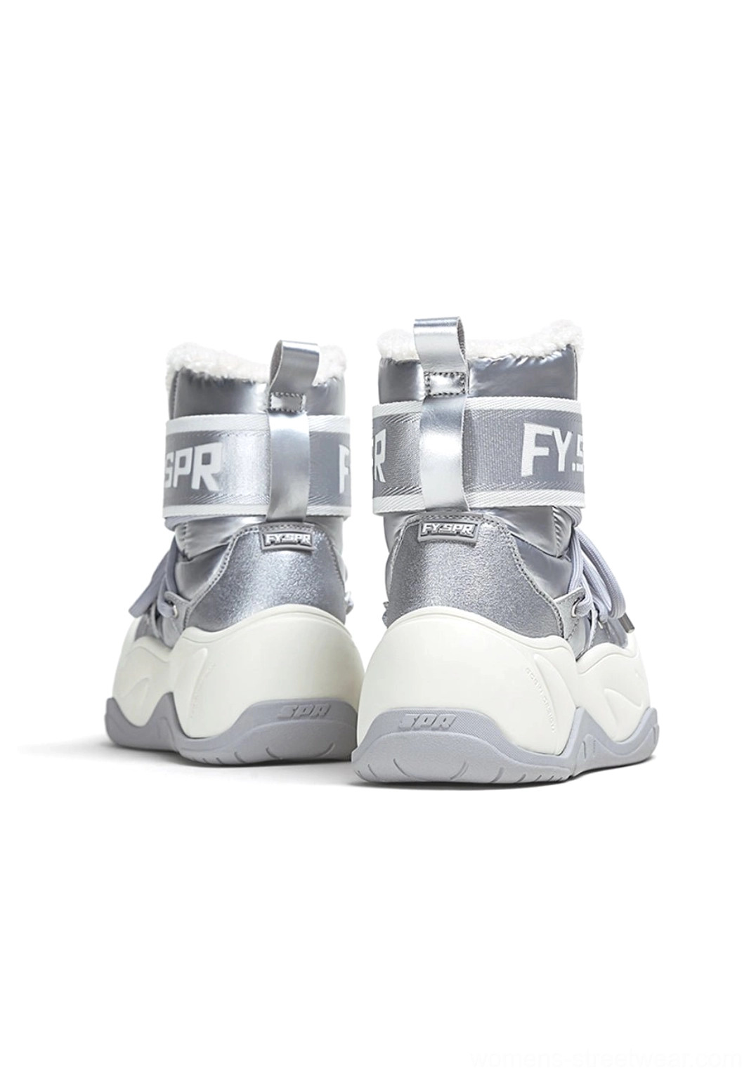 Side profile of silver water-resistant chunky moon boots with padded six-inch shaft and platform sole