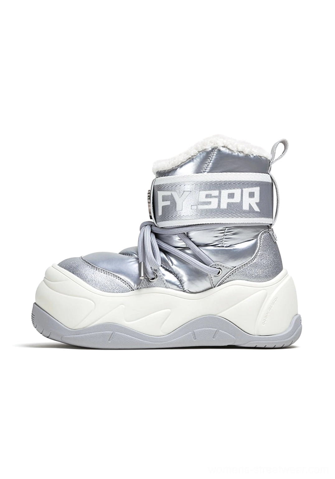 Silver water-resistant faux fur chunky moon boots with padded ankle profile and statement platform sole
