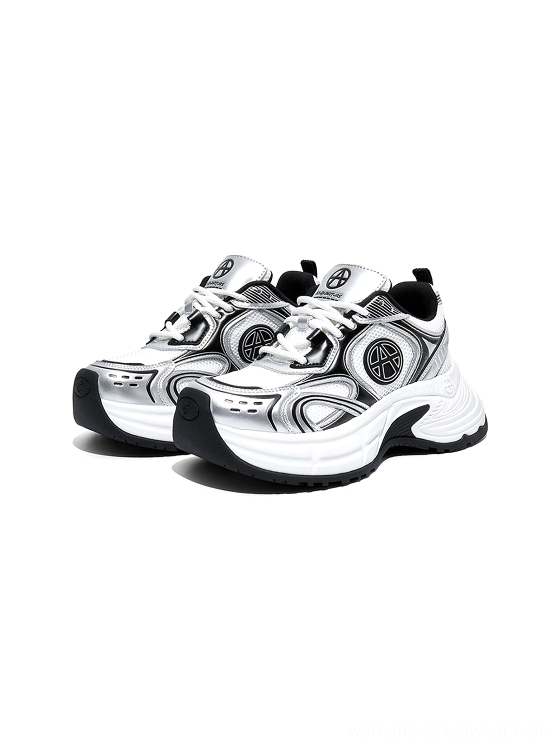 Pair of Silver Wave chunky dad sneakers in a front three-quarter view showing the toe caps laces side logos and thick sole