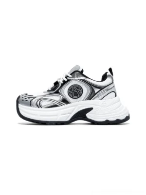Silver Wave chunky dad sneakers in silver black and white with metallic wave overlays and sculpted streetwear sole shown in left side profile