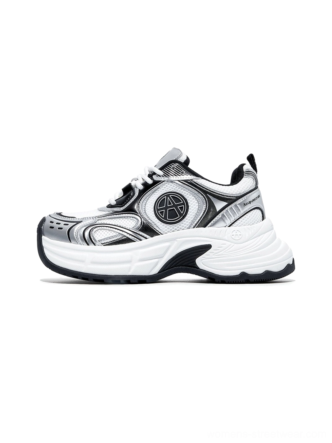 Silver Wave chunky dad sneakers in silver black and white with metallic wave overlays and sculpted streetwear sole shown in left side profile