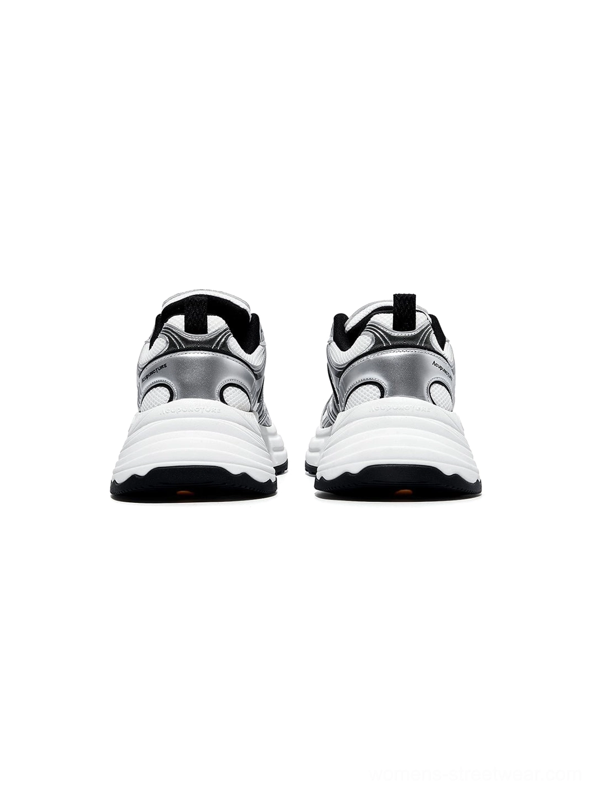 Rear view of Silver Wave chunky dad sneakers showing the heel pull tab heel counter white midsole and black rubber outsole