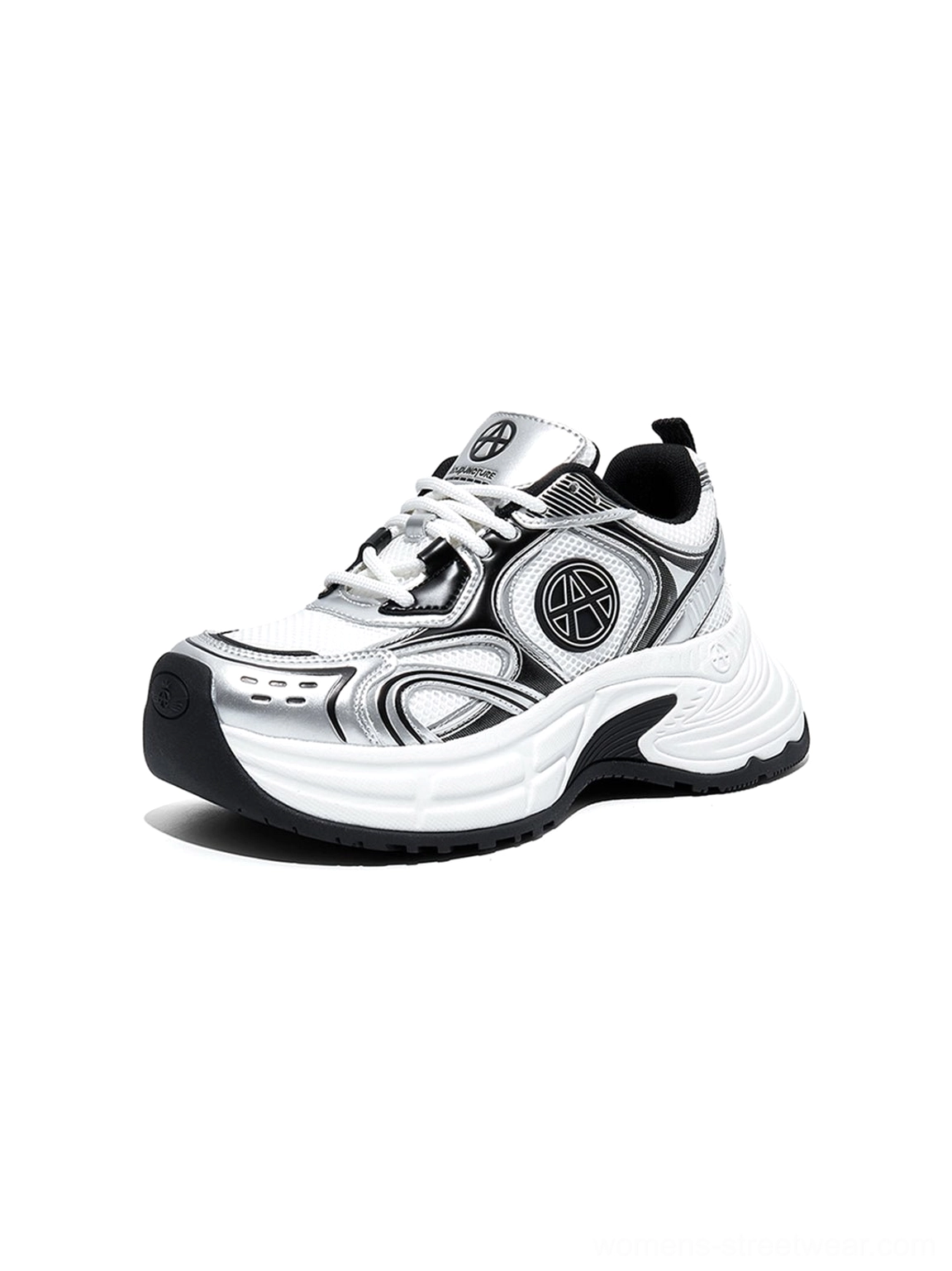 Silver Wave chunky dad sneakers in a right side three-quarter view showing the streamlined upper circular side detail and sculpted sole