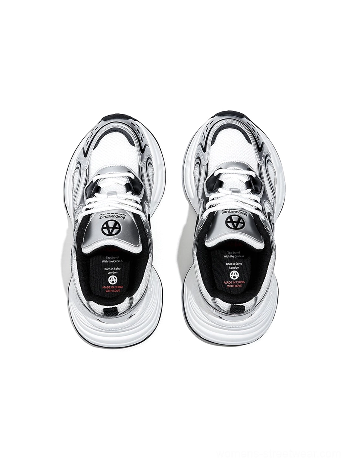 Top-down view of Silver Wave chunky dad sneakers showing the lace-up closure tongue detail insole branding and silver white colorway