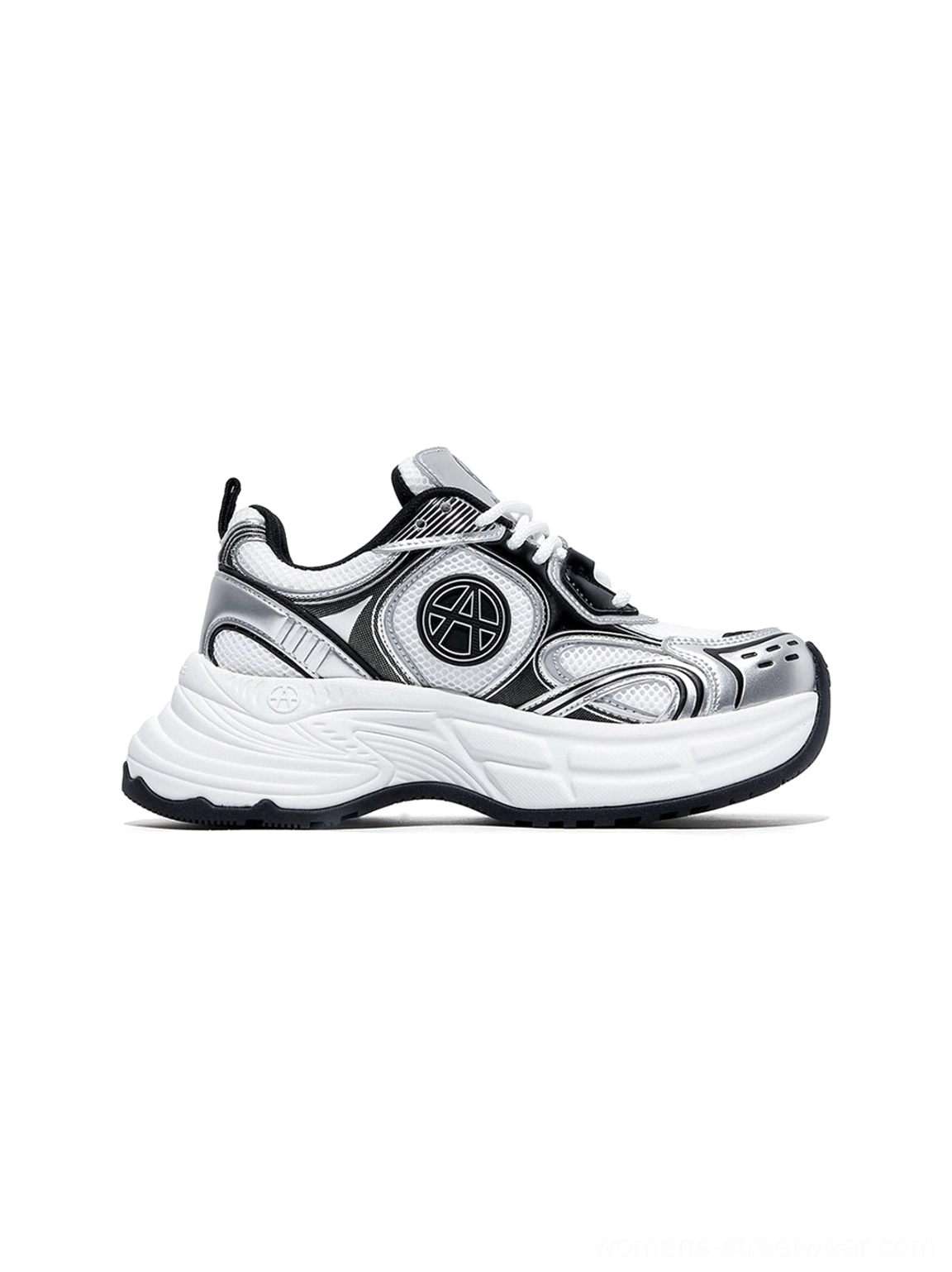 Silver Wave chunky dad sneakers product image with metallic wave overlays and bold sculpted sole for women's urban streetwear