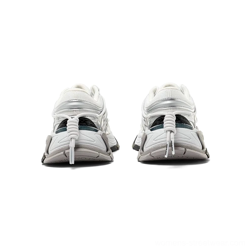 Rear view of silver white chunky sneakers with exposed heel drawstring, layered silver and grey heel structure, padded collar, and durable sculpted rubber outsole