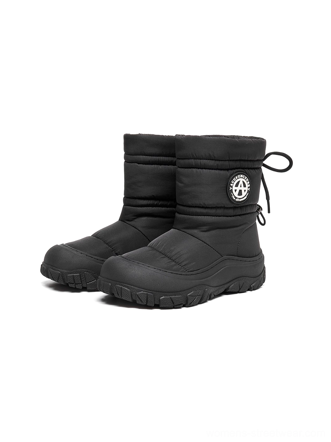 Silver women's snow boots with a technical puffer design, toggle-adjustable collar, and chunky sole