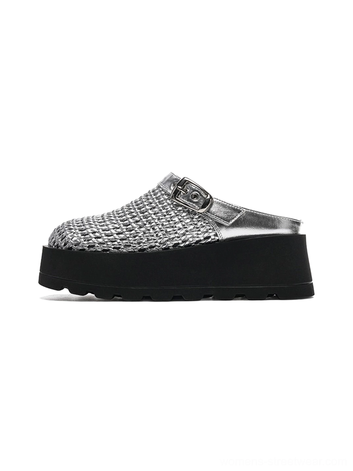 Silver woven cutout platform mules with chunky platform sole, backless slip-on shape and statement metallic streetwear finish