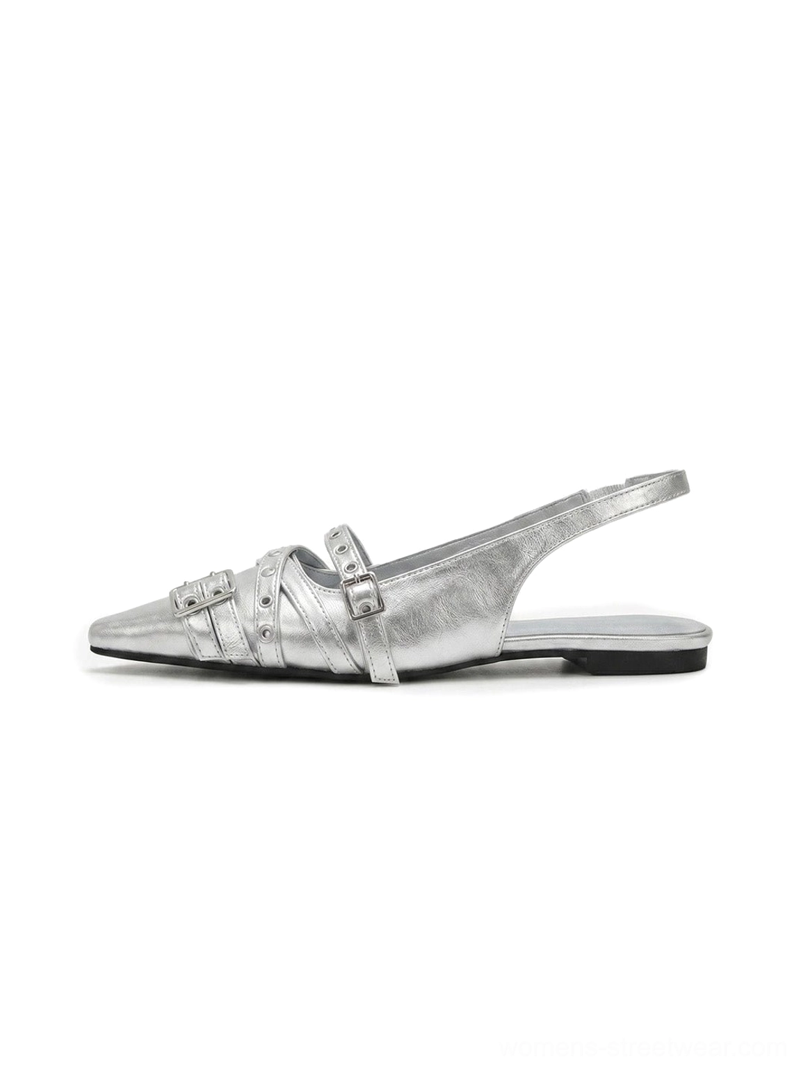 Silver pointed-toe double-buckle slingback flats with metallic finish, rivet accents, and low flat sole shown from the side