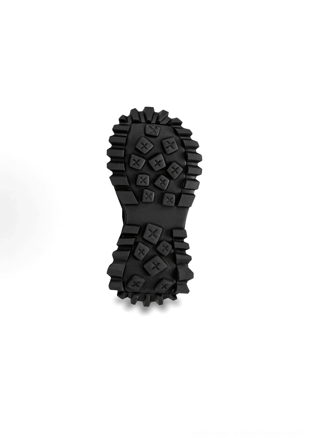 Single black platform combat boot outsole viewed from above showing detailed studded anti-slip tread thick ridged edges and durable streetwear sole design