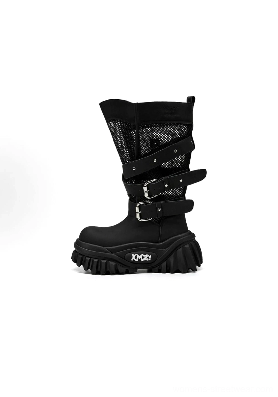 Single right-side black platform combat boot showing mesh shaft panels dual buckle straps matte leather-look toe cap and rugged lug sole