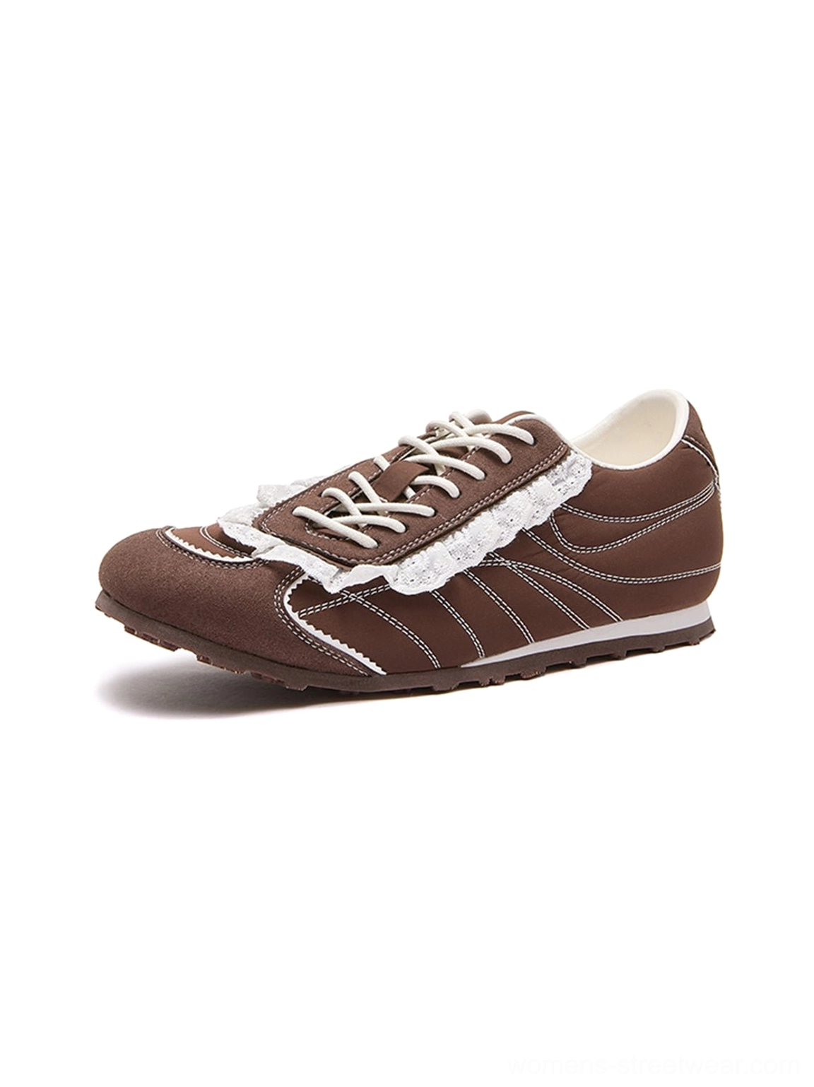 Single brown frilled low-top retro trainer sneaker shown in a minimalist side profile with white contrast stitching