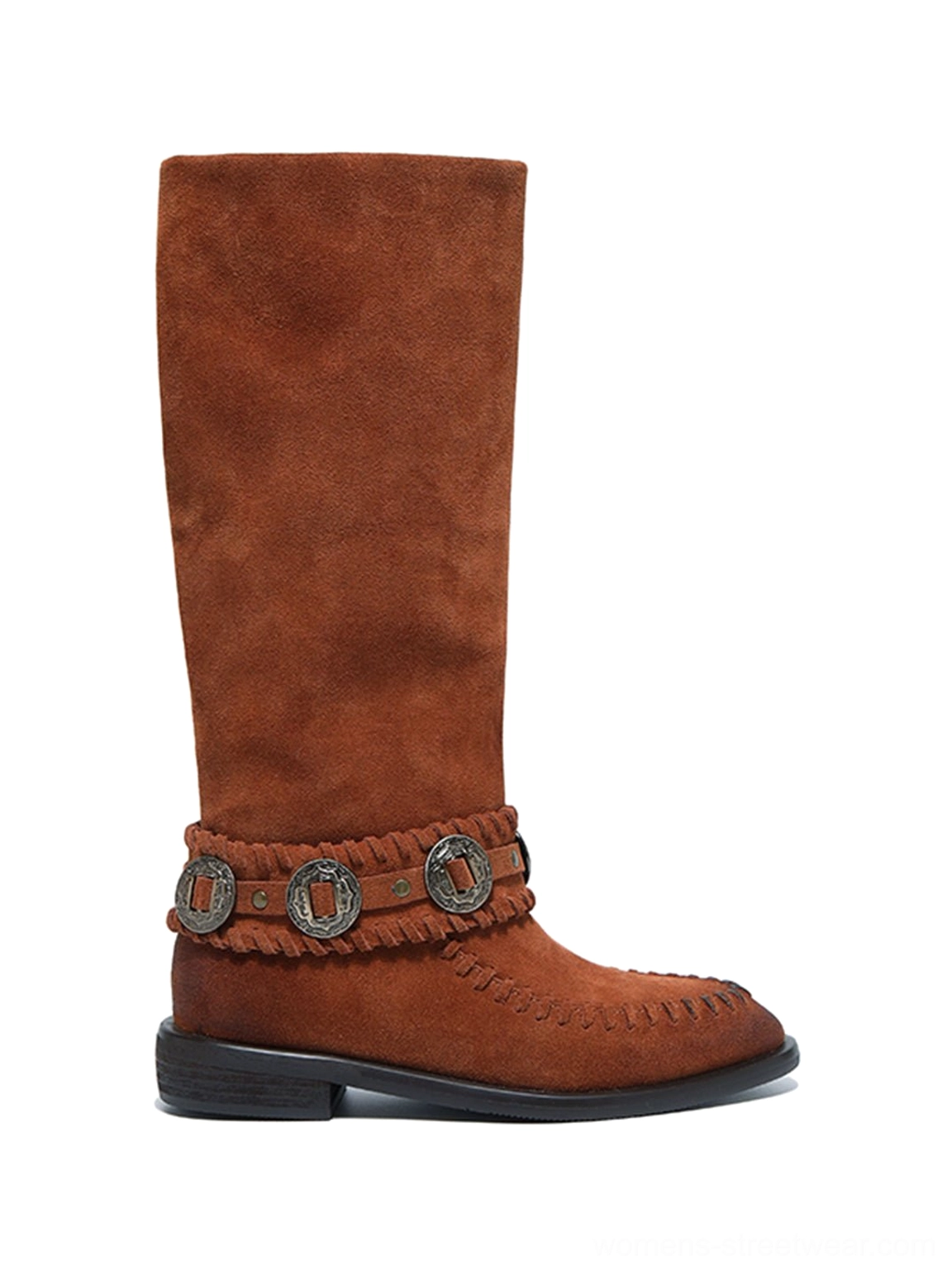 Single chestnut brown suede western knee-high riding boot showing pointed toe, buckle strap, textured upper, and low stacked heel