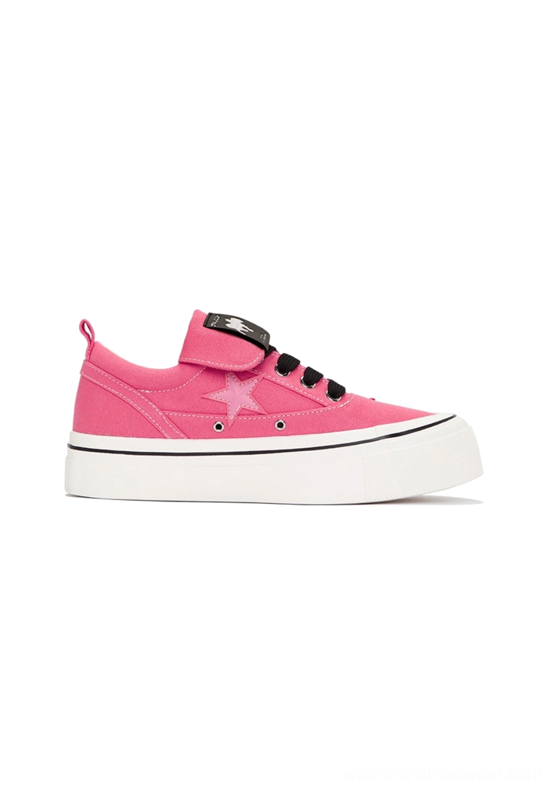 Single rose pink star panel canvas platform sneaker in right side profile with black laces fold-over strap and thick white outsole