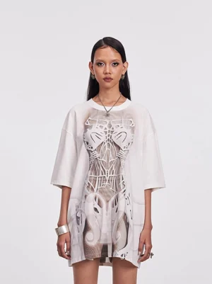 Front view of an off-white oversized skeleton graphic mesh tee dress with anatomical torso print and drop shoulder streetwear fit