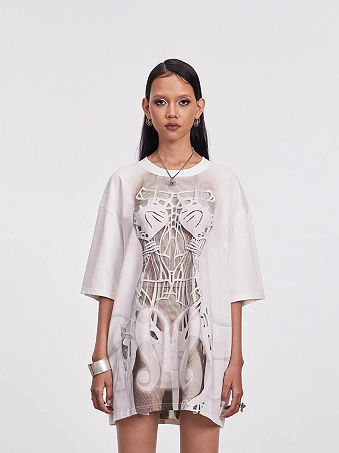 Front view of an off-white oversized skeleton graphic mesh tee dress with anatomical torso print and drop shoulder streetwear fit