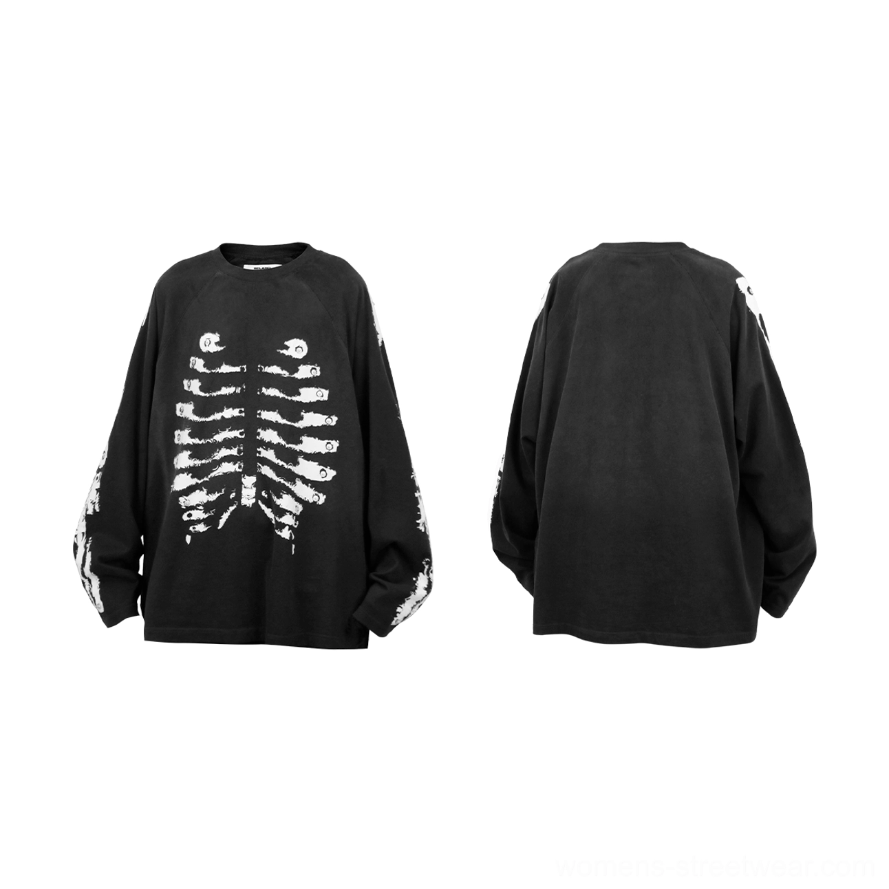 Water washed black skeleton graphic raglan long sleeve streetwear shirt with contrasting white skeleton artwork