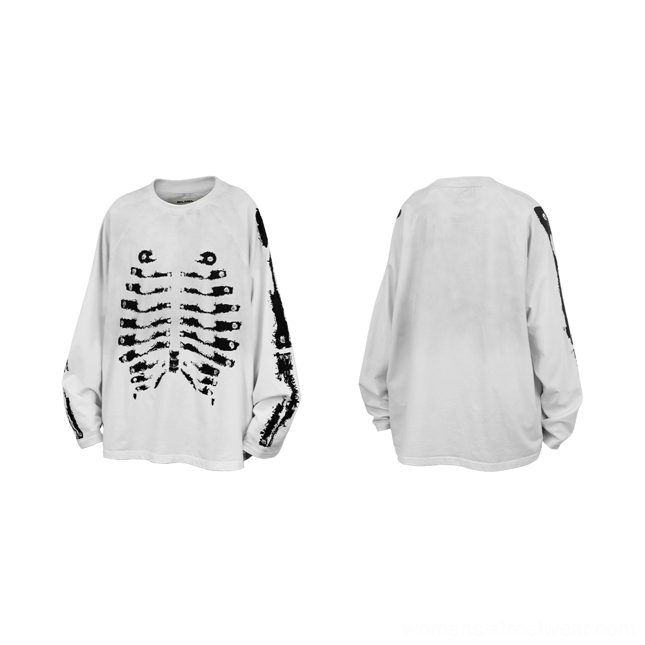 Water washed white skeleton graphic raglan long sleeve streetwear shirt with contrasting dark bone artwork