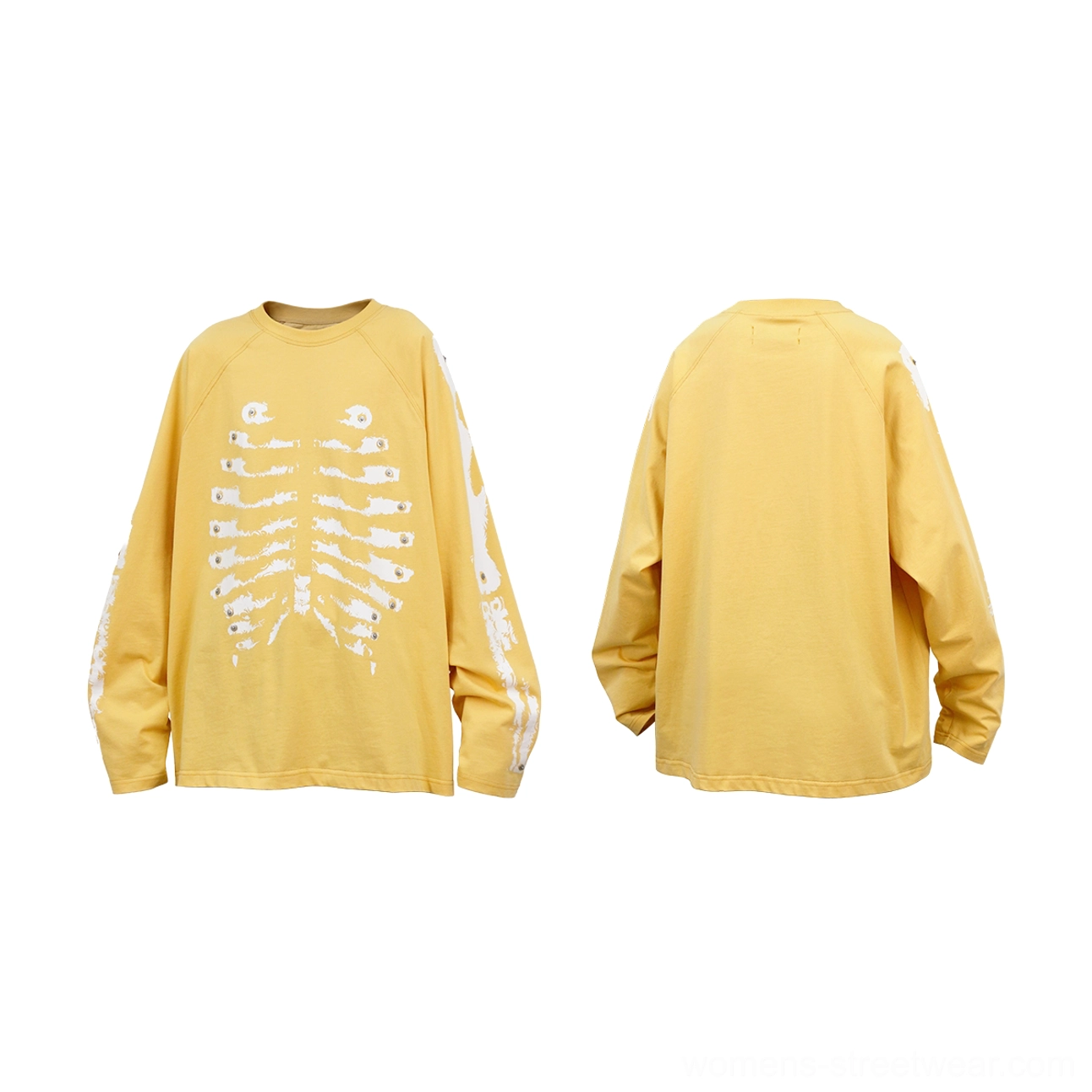 Skeleton graphic long sleeve raglan streetwear shirt in a vivid yellow colorway for statement casual outfits