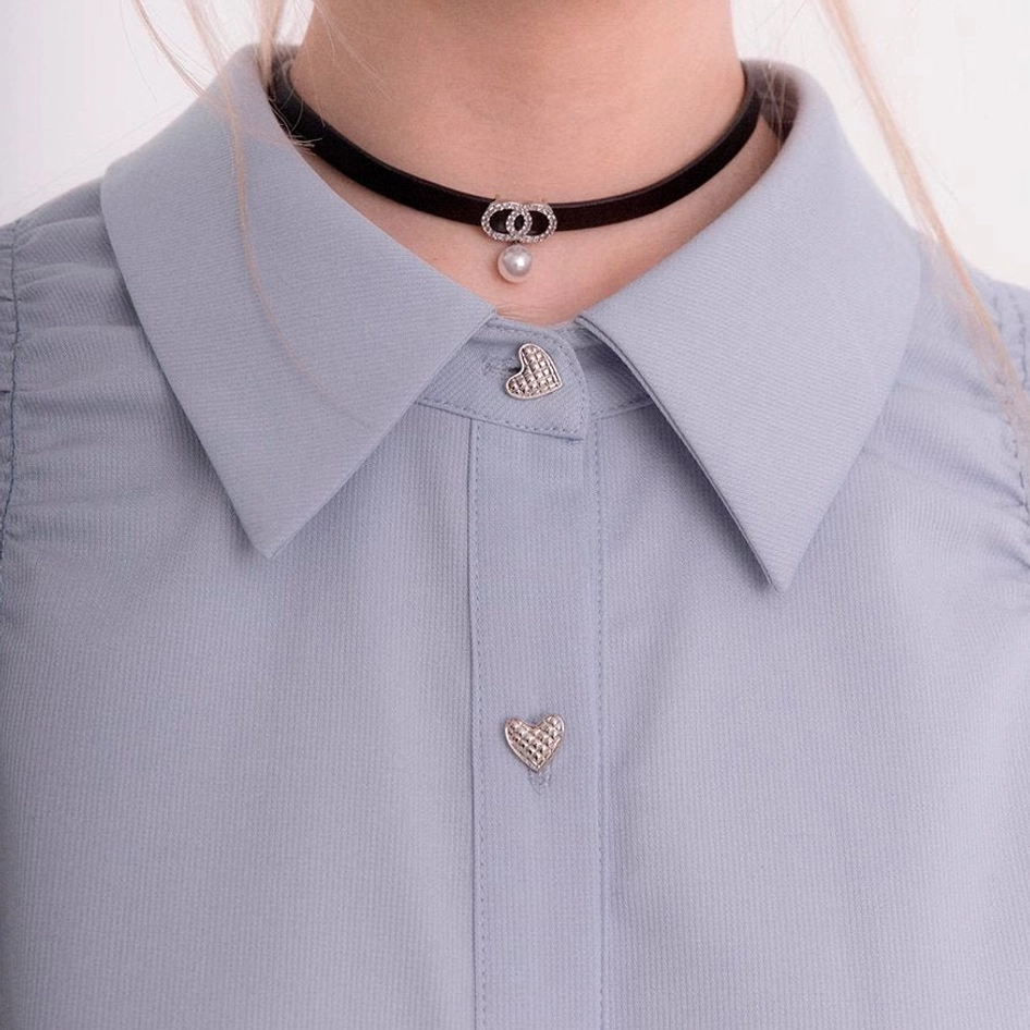 Sky blue heart button ruched shoulder streetwear blouse product image with romantic Seoul fashion styling