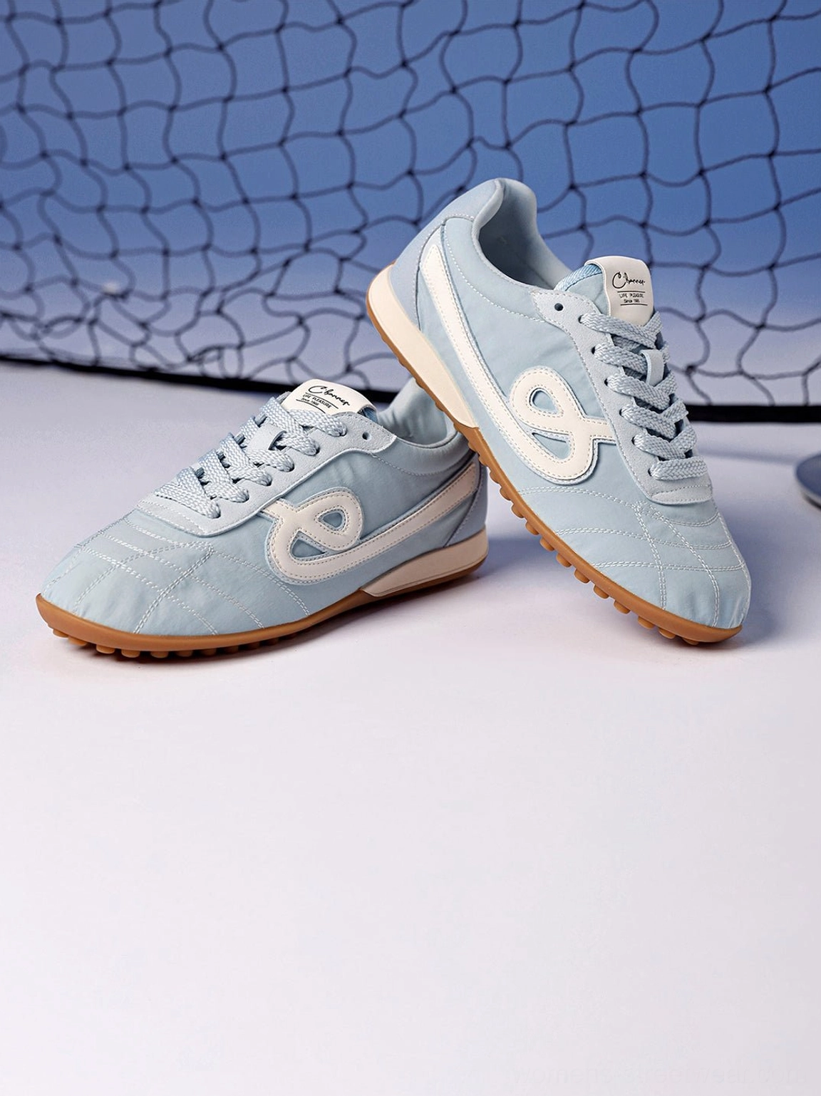 Sky blue quilted gum sole retro streetwear sneakers gum rubber outsole detail