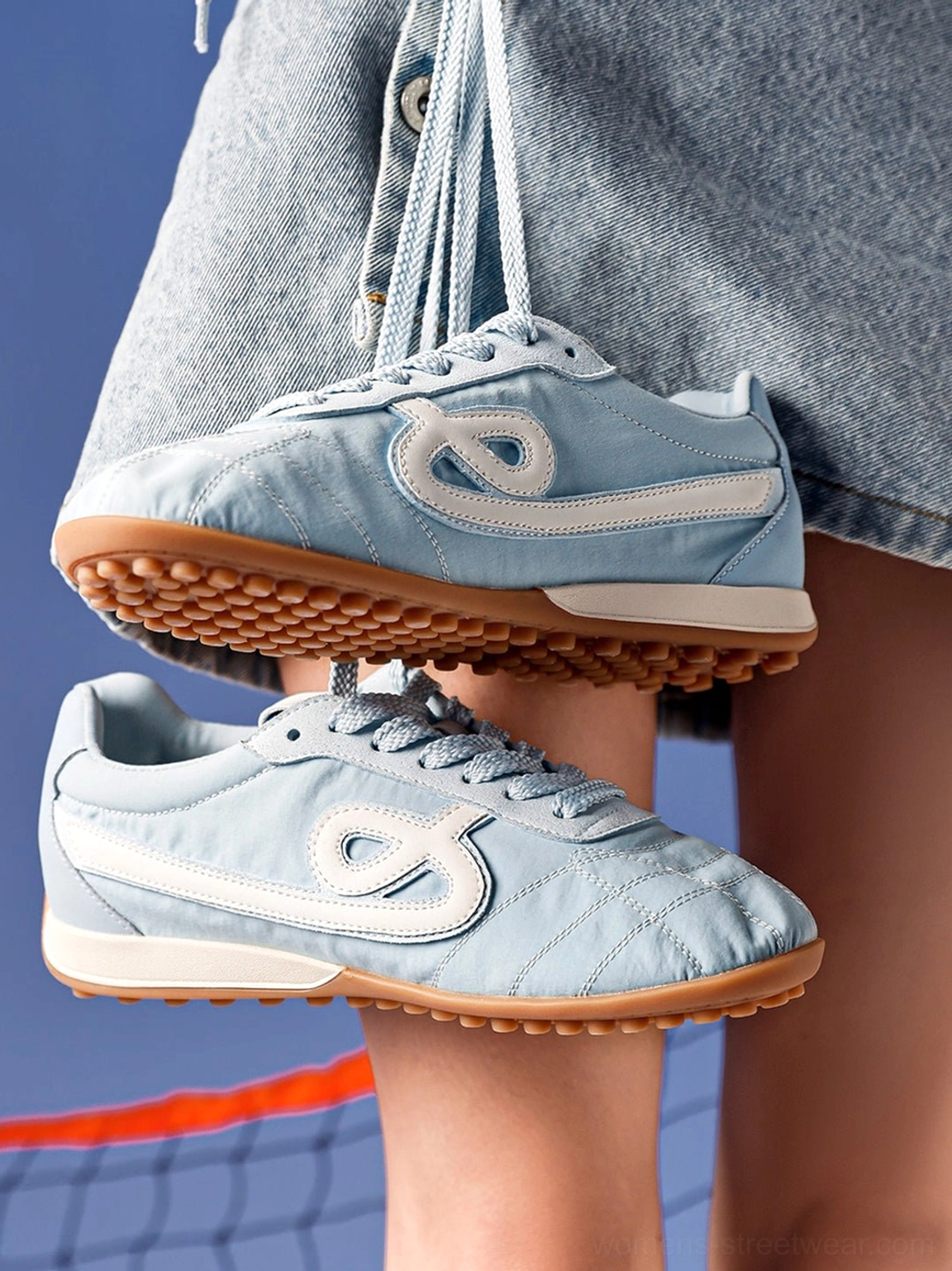Sky blue quilted gum sole retro streetwear sneakers showing padded upper texture and gum outsole tread